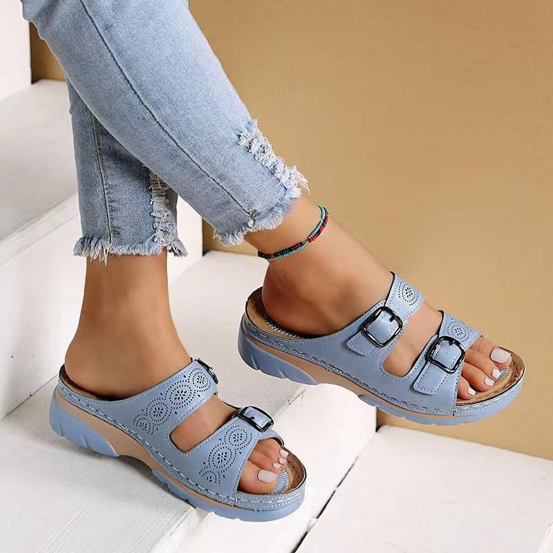 Women's Two-Strap Open Toe Wedges with Patterned Straps and Adjustable Buckles