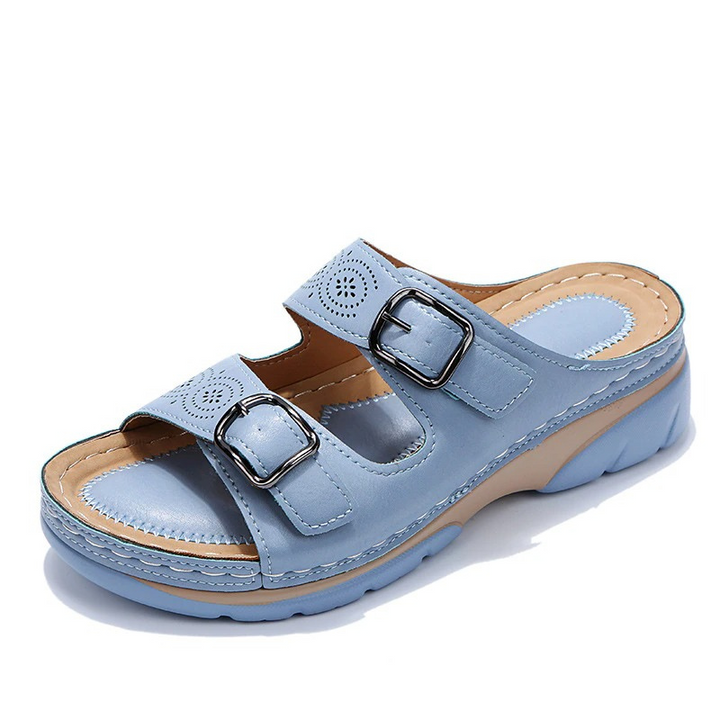 Women's Two-Strap Open Toe Wedges with Patterned Straps and Adjustable Buckles