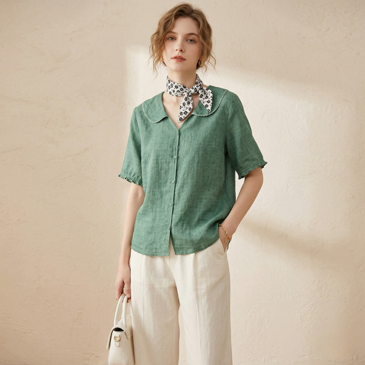 Women's V-Neck Blouse with Scalloped Peter Pan Collar and Button Front Detail