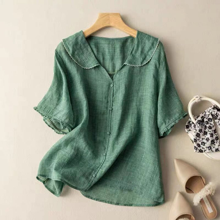 Women's V-Neck Blouse with Scalloped Peter Pan Collar and Button Front Detail