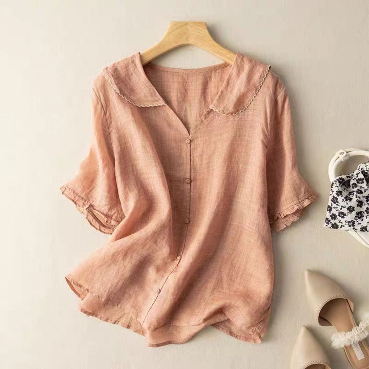 Women's V-Neck Blouse with Scalloped Peter Pan Collar and Button Front Detail