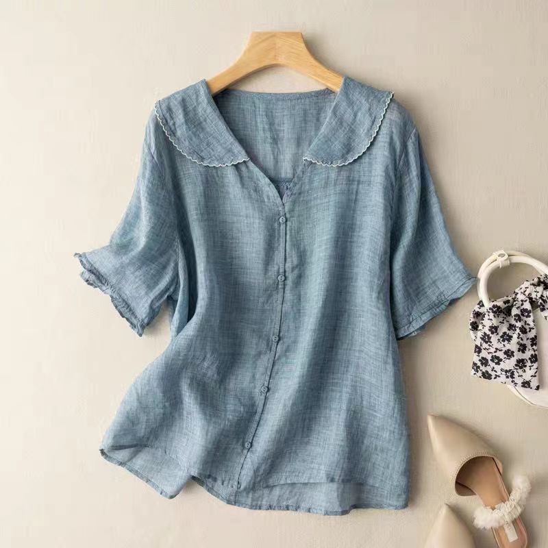 Women's V-Neck Blouse with Scalloped Peter Pan Collar and Button Front Detail