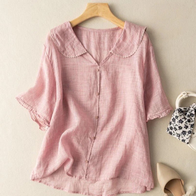 Women's V-Neck Blouse with Scalloped Peter Pan Collar and Button Front Detail