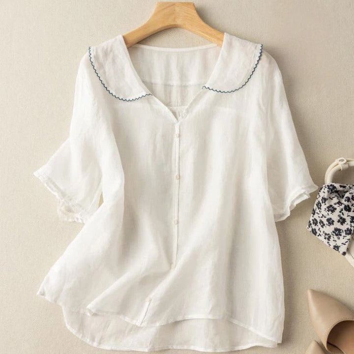 Women's V-Neck Blouse with Scalloped Peter Pan Collar and Button Front Detail