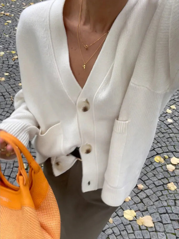 Women’s V-Neck Button Cardigan with Long Sleeves and Front Patch Pockets
