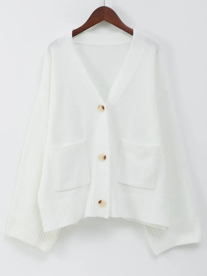 Women’s V-Neck Button Cardigan with Long Sleeves and Front Patch Pockets