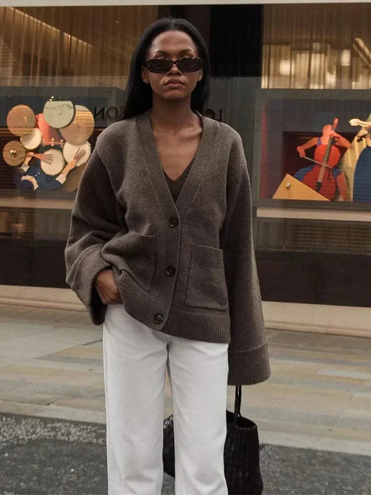 Women’s V-Neck Button Cardigan with Long Sleeves and Front Patch Pockets