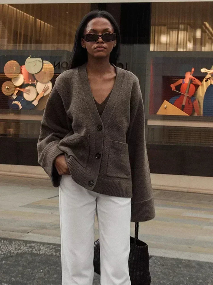 Women’s V-Neck Button Cardigan with Long Sleeves and Front Patch Pockets