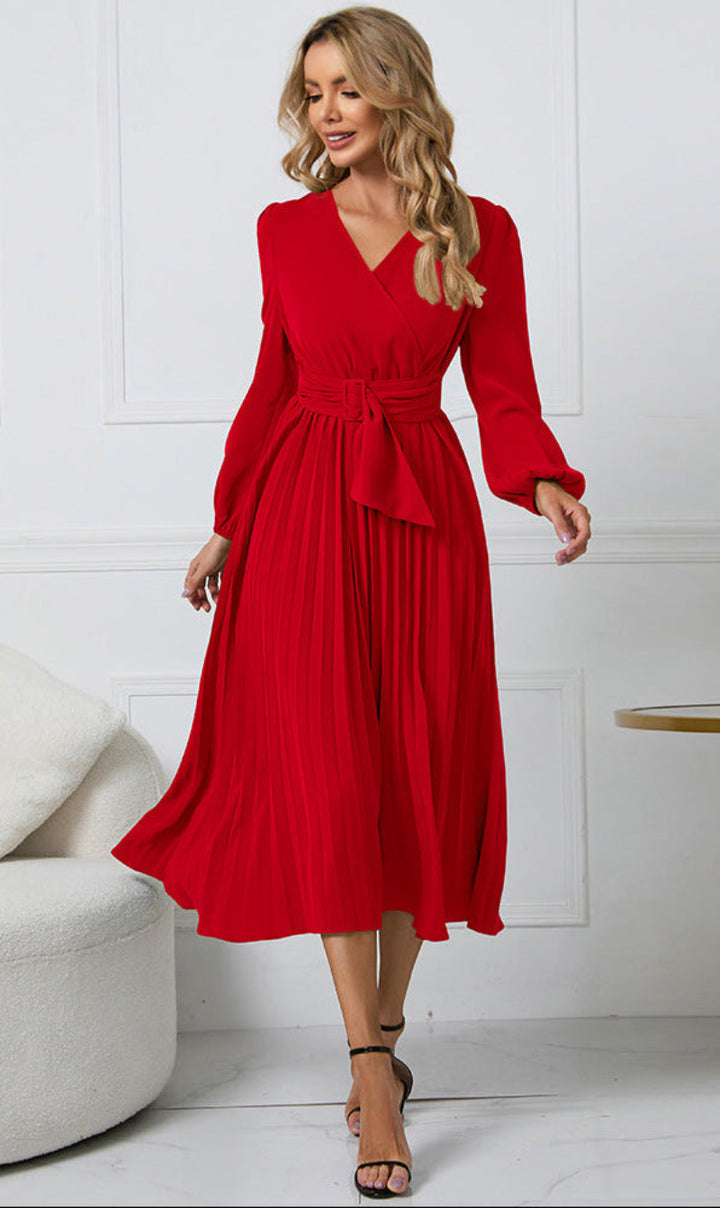 Women’s V-Neck Midi Dress with Tie Belt and Pleated Skirt