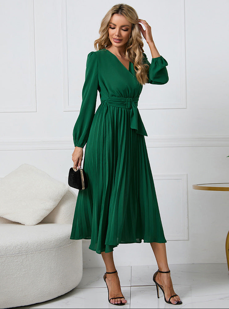 Women’s V-Neck Midi Dress with Tie Belt and Pleated Skirt