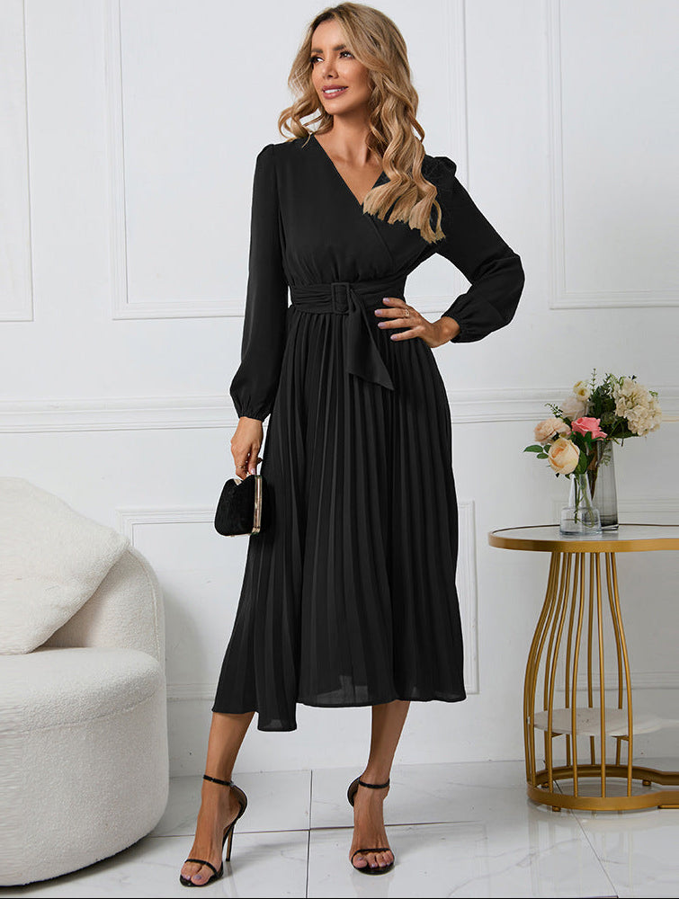 Women’s V-Neck Midi Dress with Tie Belt and Pleated Skirt