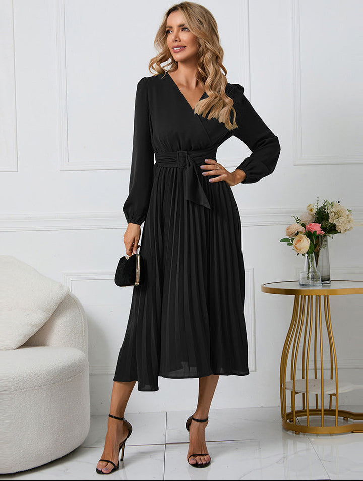 Women’s V-Neck Midi Dress with Tie Belt and Pleated Skirt