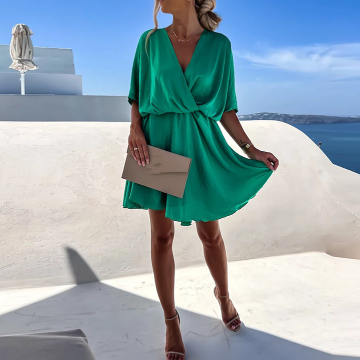 Women’s V-Neck Mini Dress with Batwing Sleeves and Elastic Waist