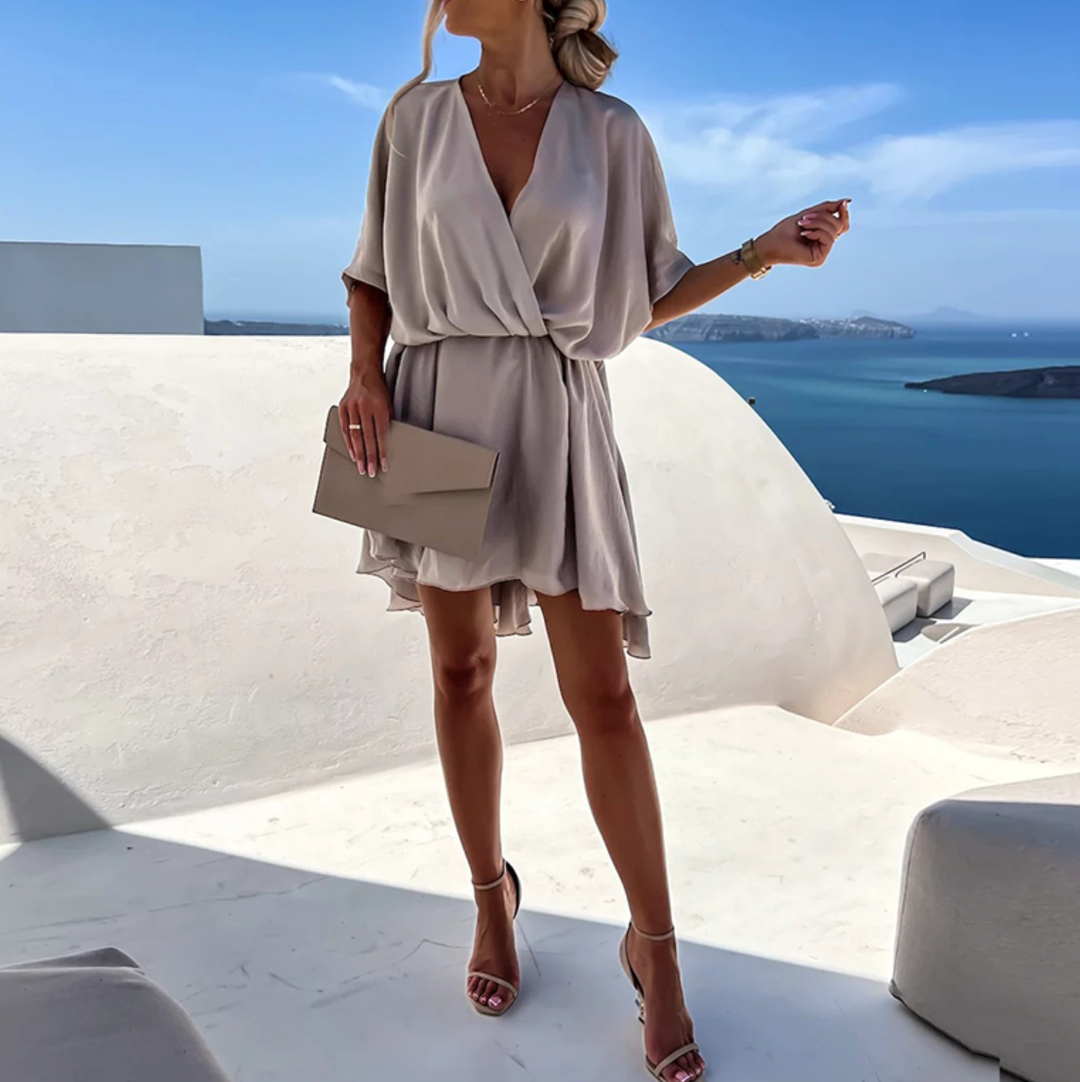 Women’s V-Neck Mini Dress with Batwing Sleeves and Elastic Waist