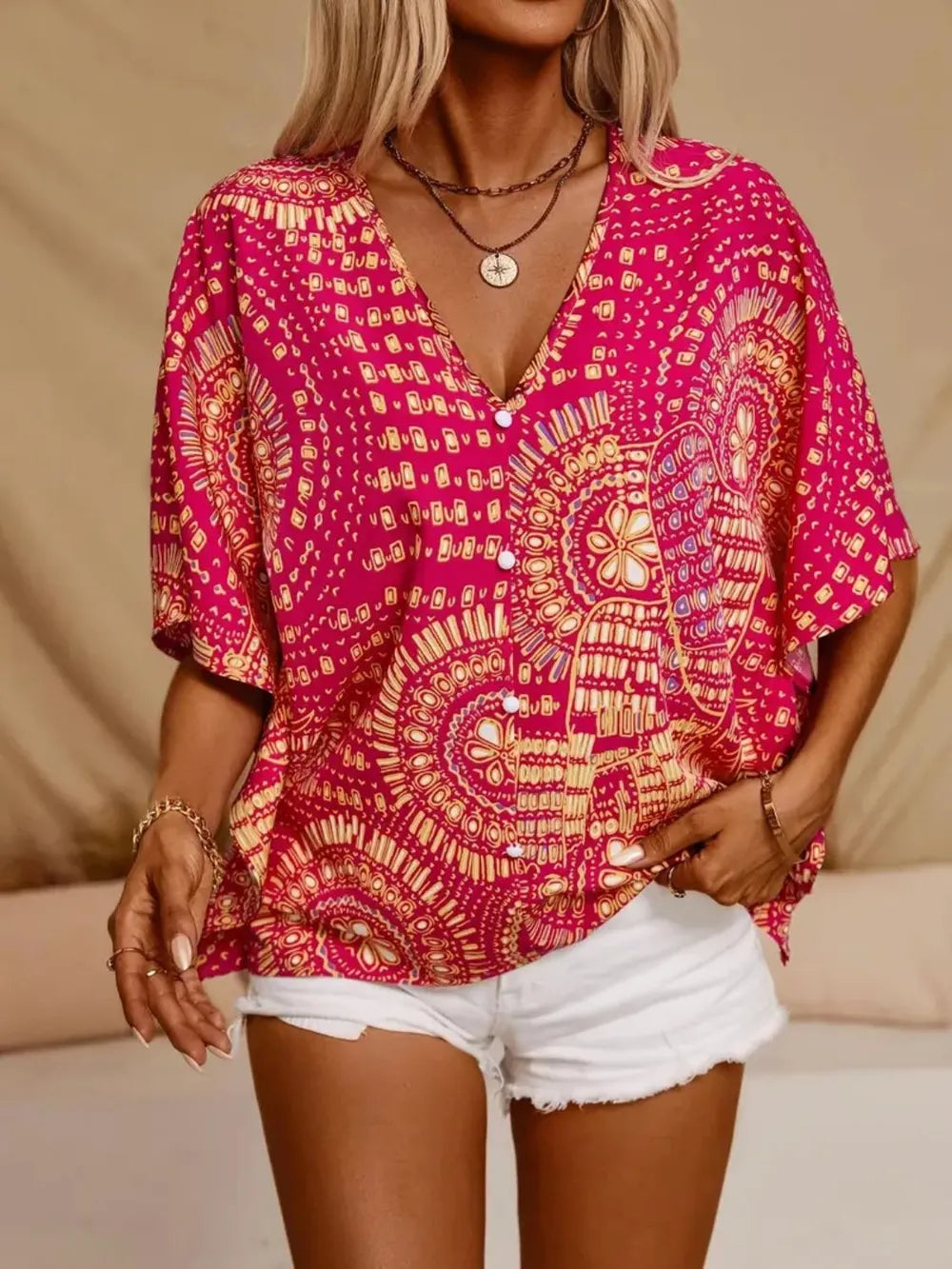 Women’s V-Neck Short Sleeve Blouse with Geometric Print and Wide Sleeves