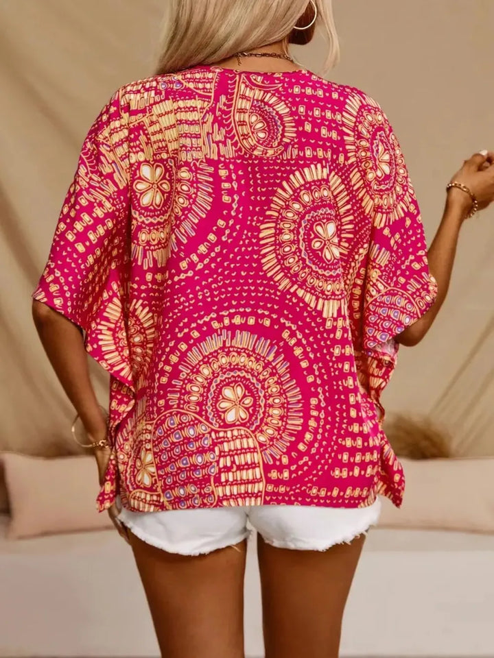 Women’s V-Neck Short Sleeve Blouse with Geometric Print and Wide Sleeves