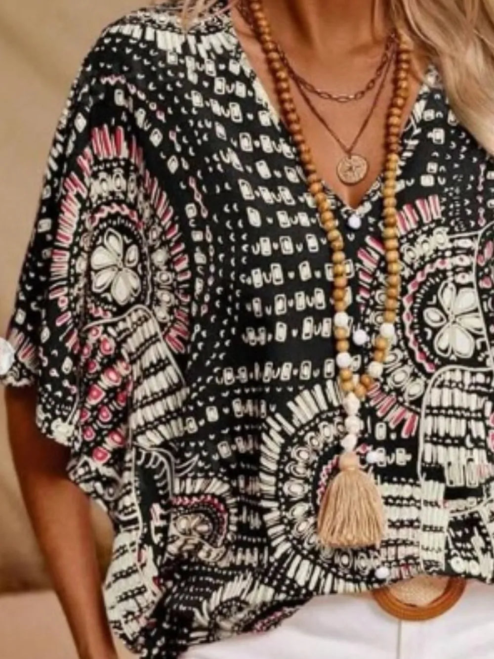 Women’s V-Neck Short Sleeve Blouse with Geometric Print and Wide Sleeves