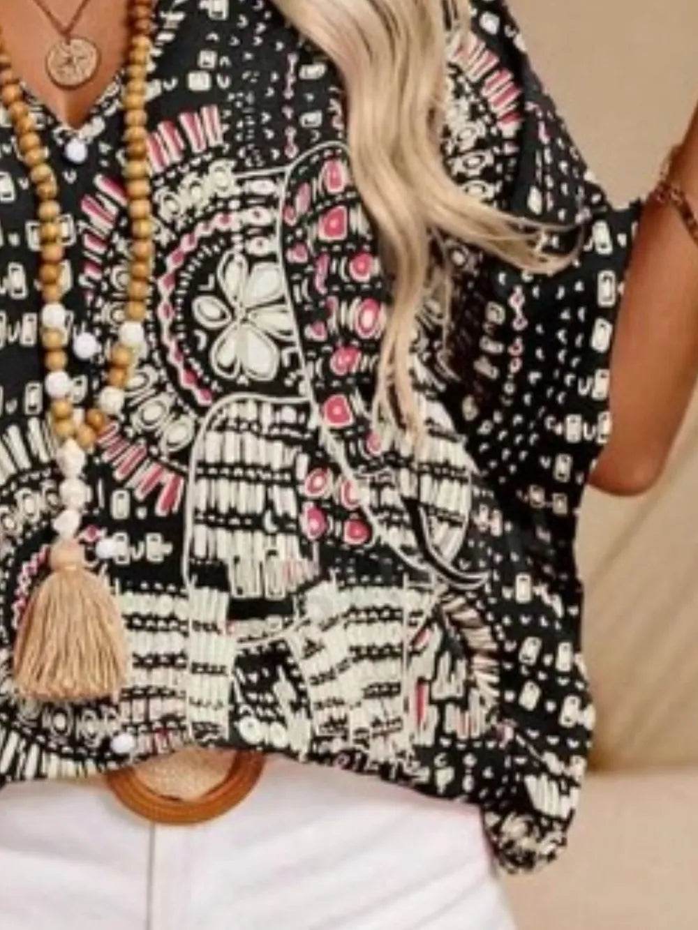 Women’s V-Neck Short Sleeve Blouse with Geometric Print and Wide Sleeves
