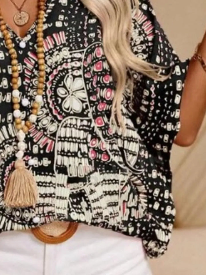 Women’s V-Neck Short Sleeve Blouse with Geometric Print and Wide Sleeves