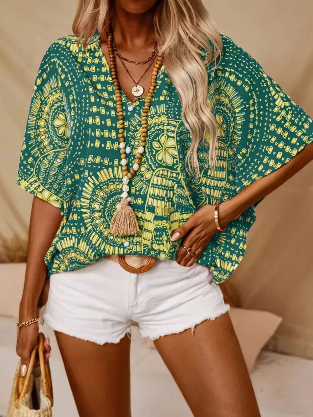 Women’s V-Neck Short Sleeve Blouse with Geometric Print and Wide Sleeves