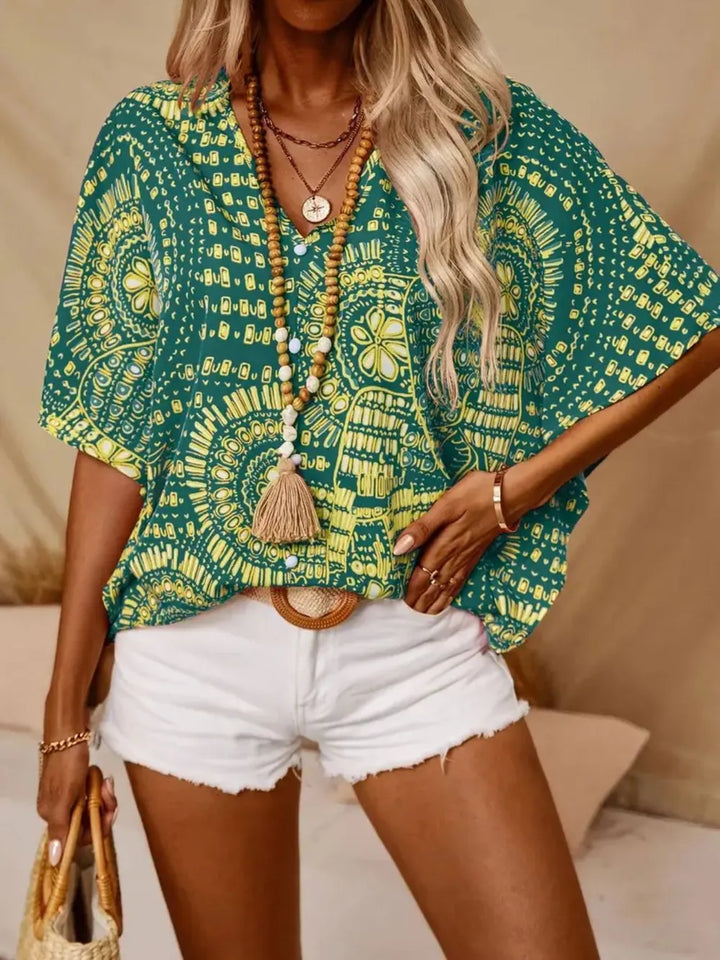 Women’s V-Neck Short Sleeve Blouse with Geometric Print and Wide Sleeves