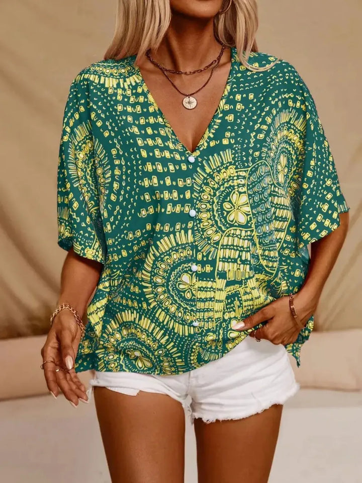 Women’s V-Neck Short Sleeve Blouse with Geometric Print and Wide Sleeves