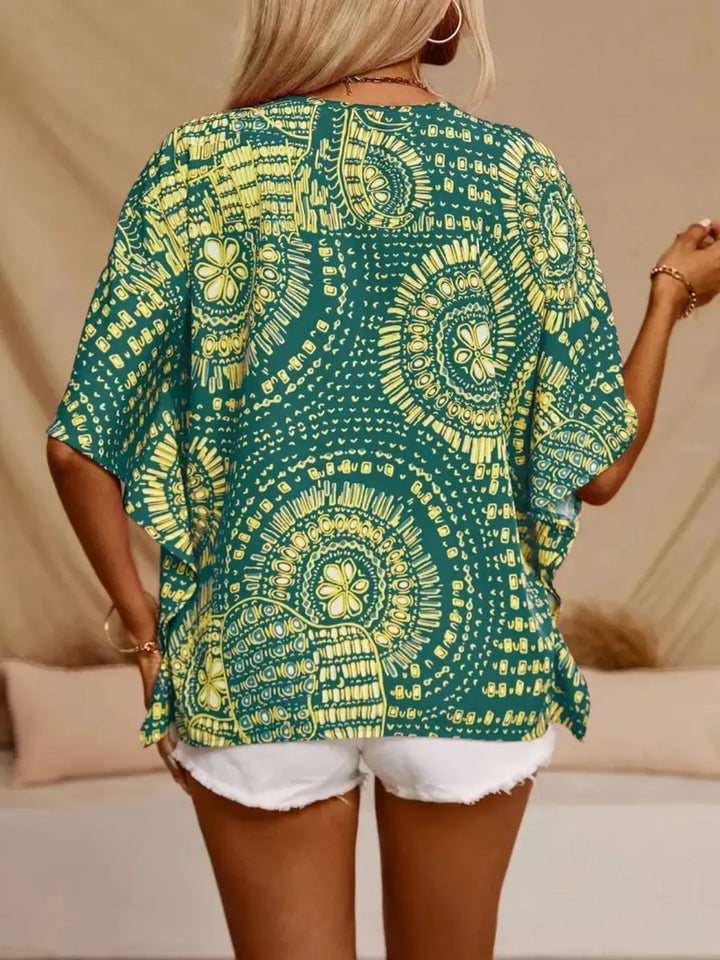 Women’s V-Neck Short Sleeve Blouse with Geometric Print and Wide Sleeves