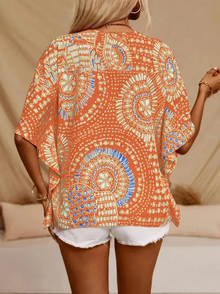 Women’s V-Neck Short Sleeve Blouse with Geometric Print and Wide Sleeves