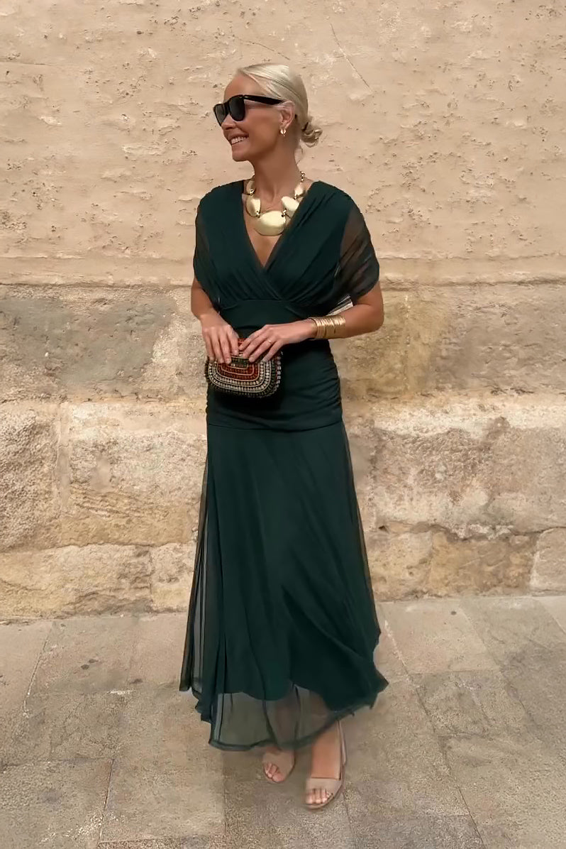 Women's V-Neck Wedding Guest Dress with Short Sleeves and Maxi Length