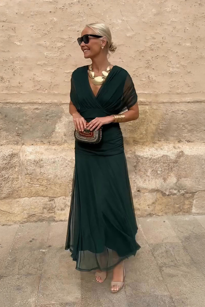 Women's V-Neck Wedding Guest Dress with Short Sleeves and Maxi Length