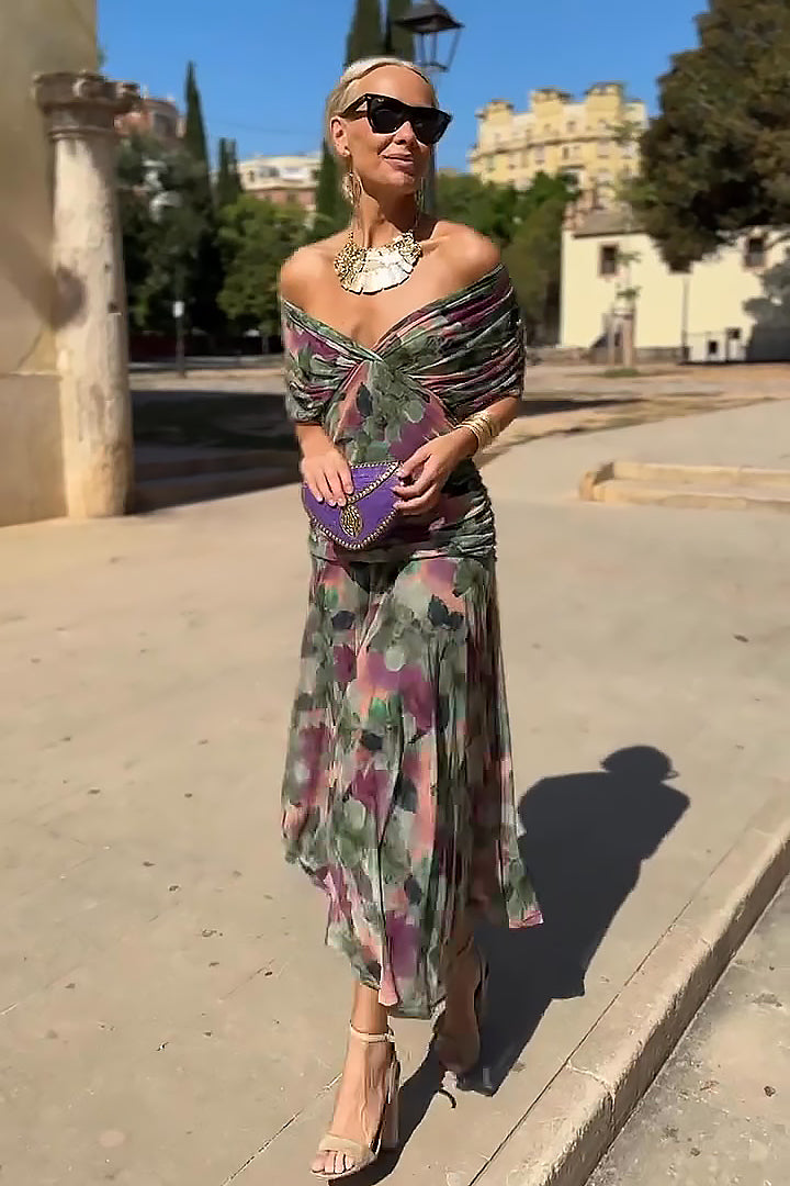 Women's V-Neck Wedding Guest Dress with Short Sleeves and Maxi Length