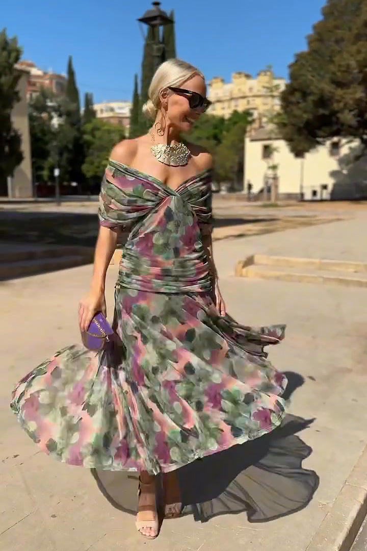 Women's V-Neck Wedding Guest Dress with Short Sleeves and Maxi Length