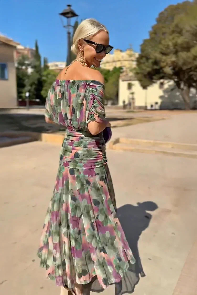 Women's V-Neck Wedding Guest Dress with Short Sleeves and Maxi Length