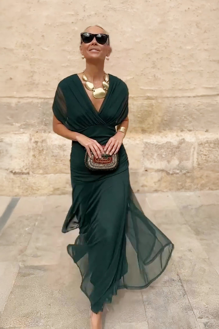 Women's V-Neck Wedding Guest Dress with Short Sleeves and Maxi Length