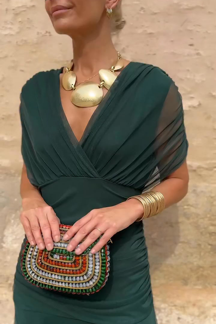 Women's V-Neck Wedding Guest Dress with Short Sleeves and Maxi Length