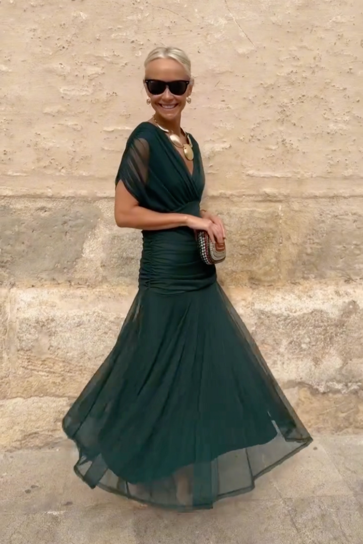 Women's V-Neck Wedding Guest Dress with Short Sleeves and Maxi Length