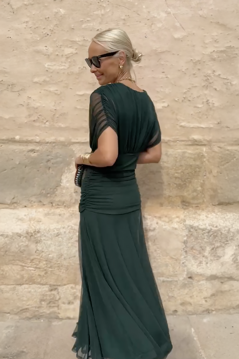 Women's V-Neck Wedding Guest Dress with Short Sleeves and Maxi Length