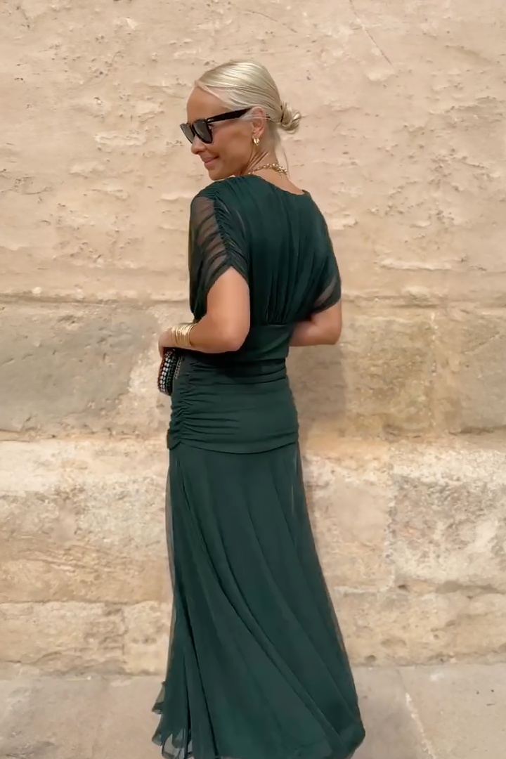 Women's V-Neck Wedding Guest Dress with Short Sleeves and Maxi Length