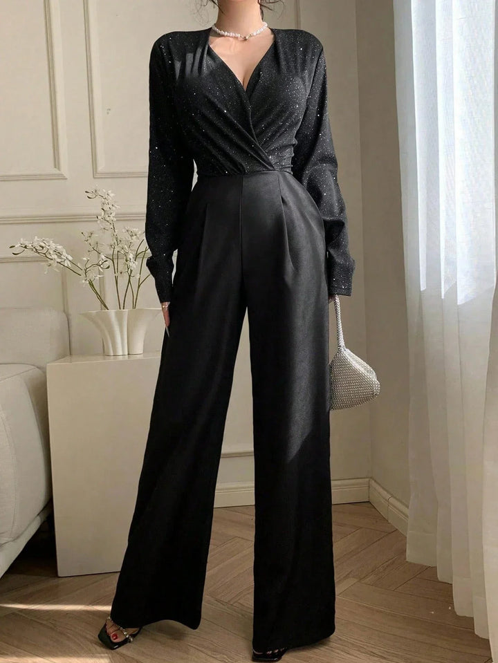 Women’s V-Neck Wrap Jumpsuit with Long Sleeves and Wide Leg Pants