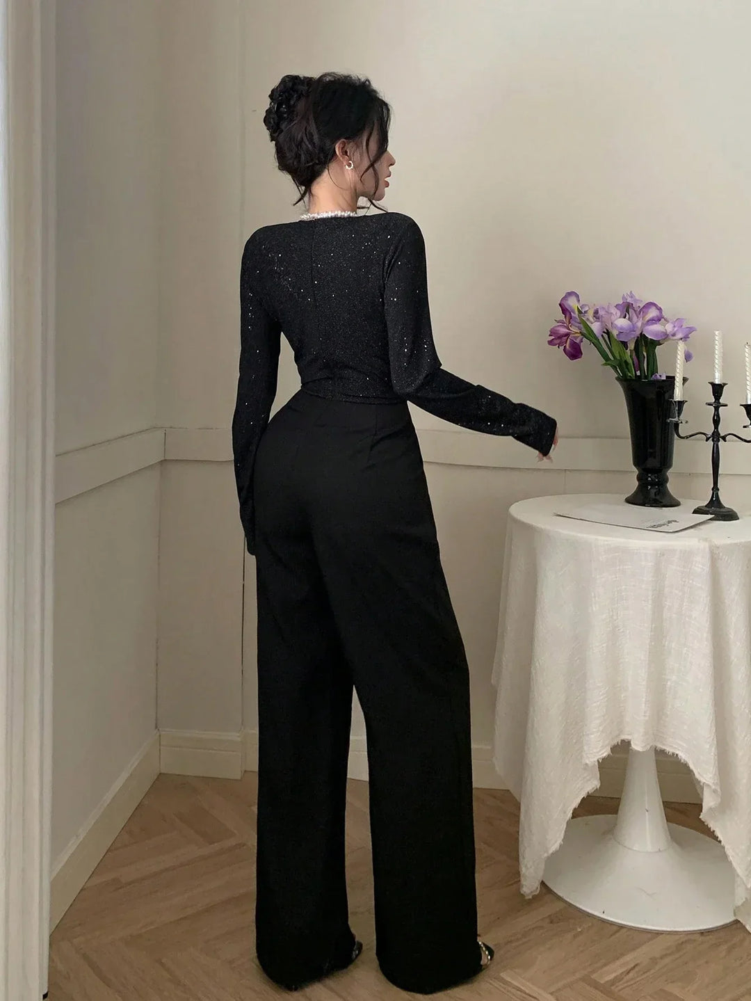 Women’s V-Neck Wrap Jumpsuit with Long Sleeves and Wide Leg Pants
