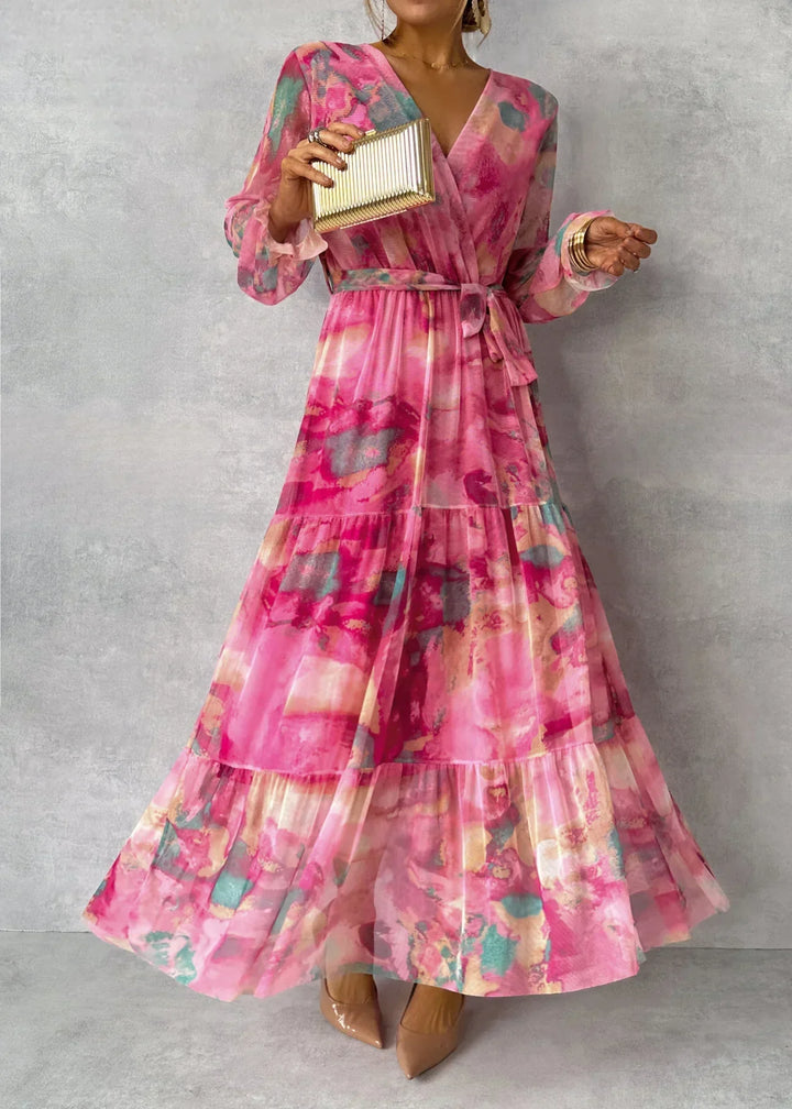 Women’s V-Neck Wrap Maxi Dress with Waist Tie and Long Sleeves
