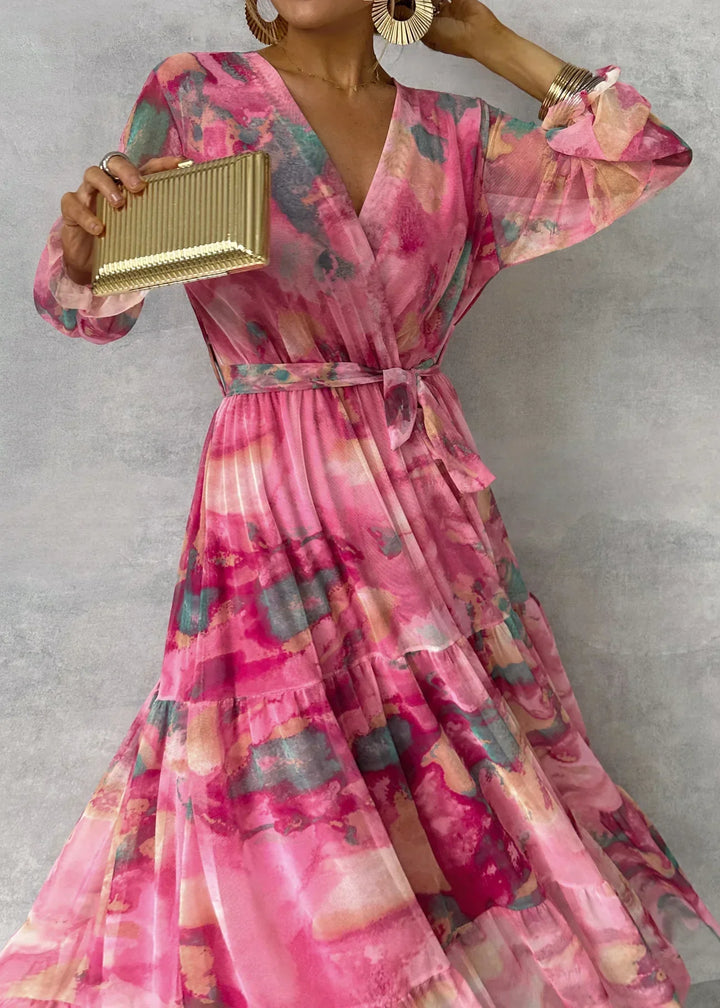Women’s V-Neck Wrap Maxi Dress with Waist Tie and Long Sleeves