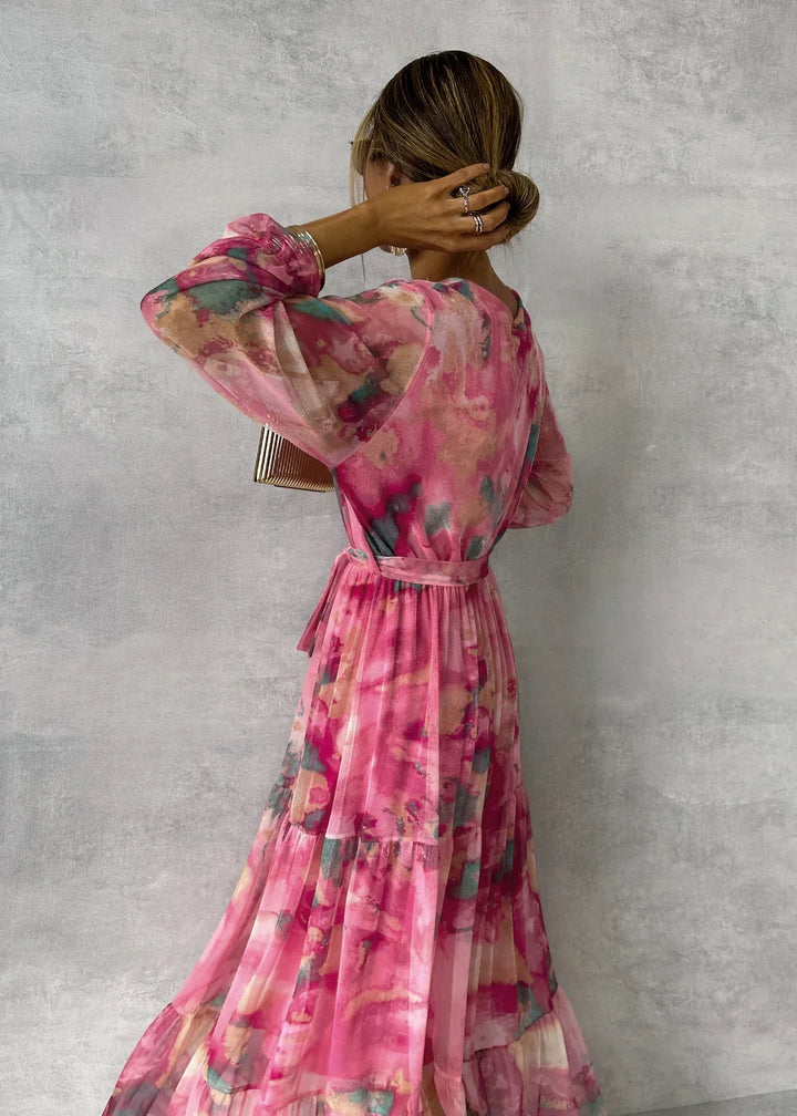 Women’s V-Neck Wrap Maxi Dress with Waist Tie and Long Sleeves