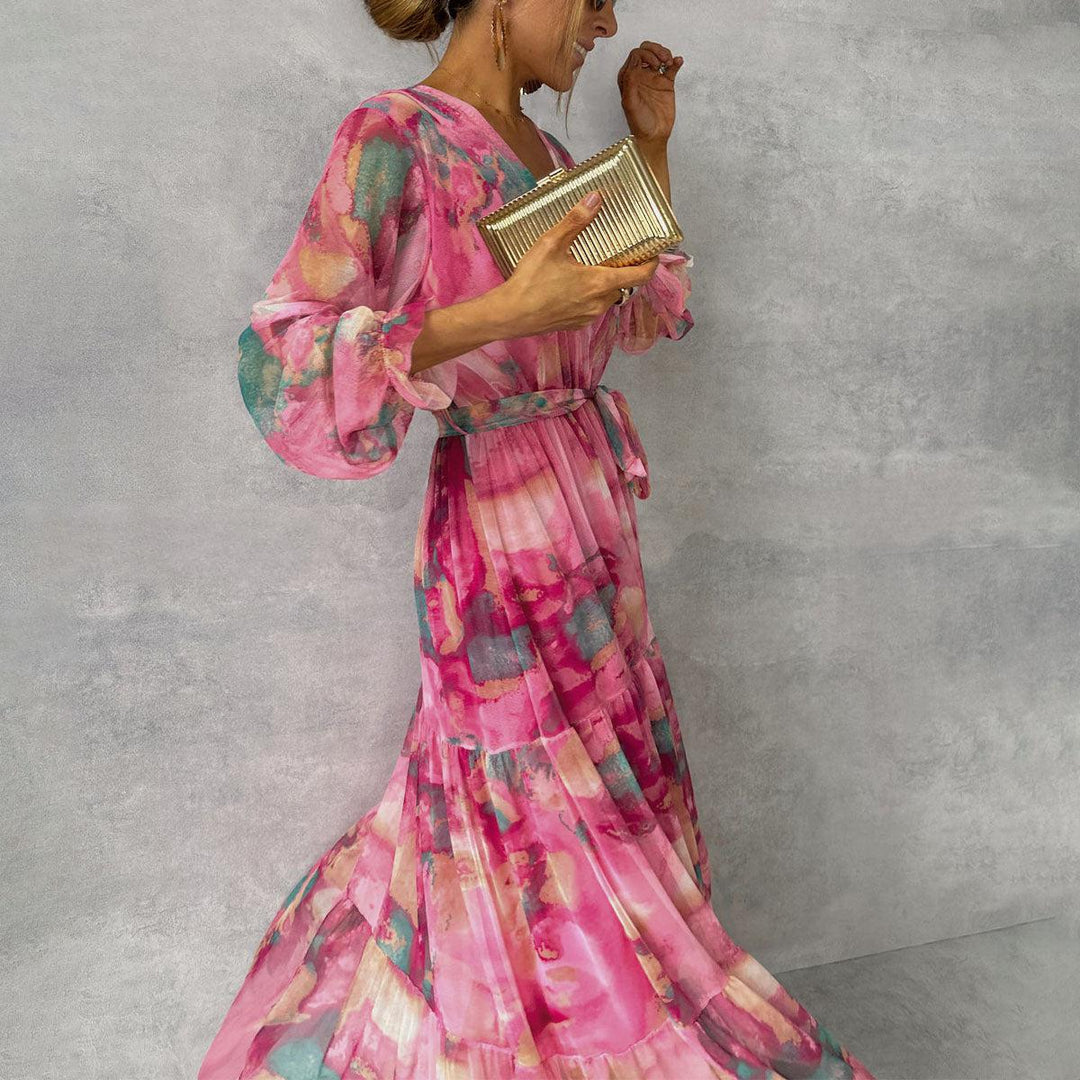 Women’s V-Neck Wrap Maxi Dress with Waist Tie and Long Sleeves