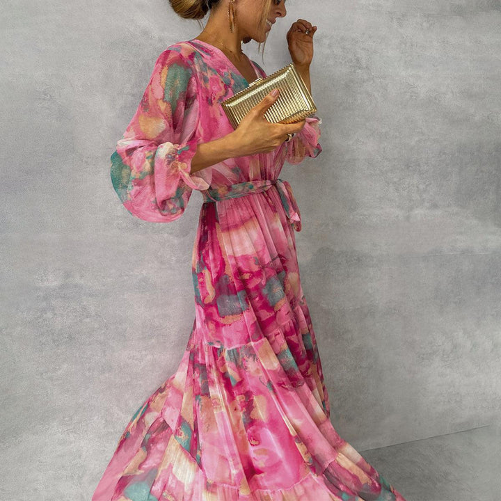 Women’s V-Neck Wrap Maxi Dress with Waist Tie and Long Sleeves