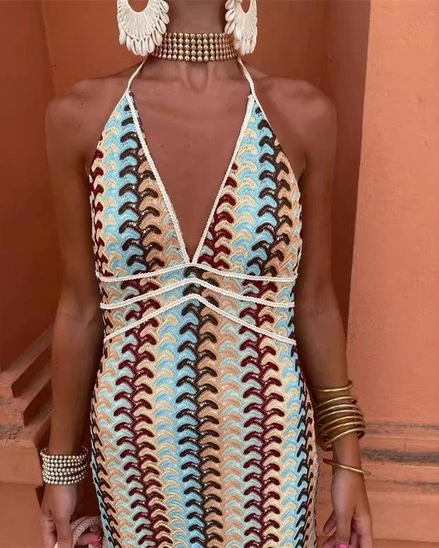 Women's Wedding Guest Dress with Pattern and Halter Neck