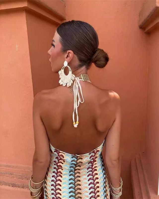 Women's Wedding Guest Dress with Pattern and Halter Neck