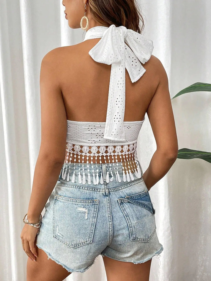 Women’s Wrap Crop Top with Halter Neck Cross and Tassel Fringe
